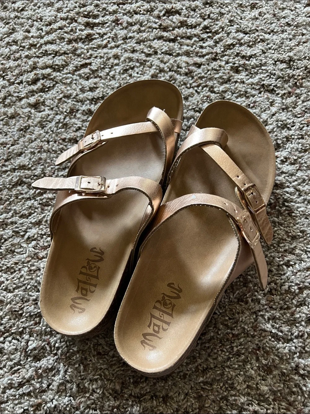 Metallic Rose Gold Double-Strap Slide Sandals